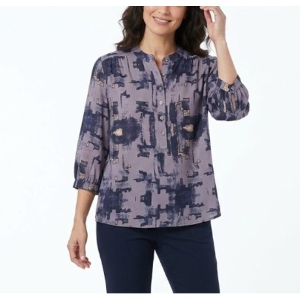 Parker Purple Gray Abstract Print Pure Silk Button Popover‎ Blouse Large Preppy